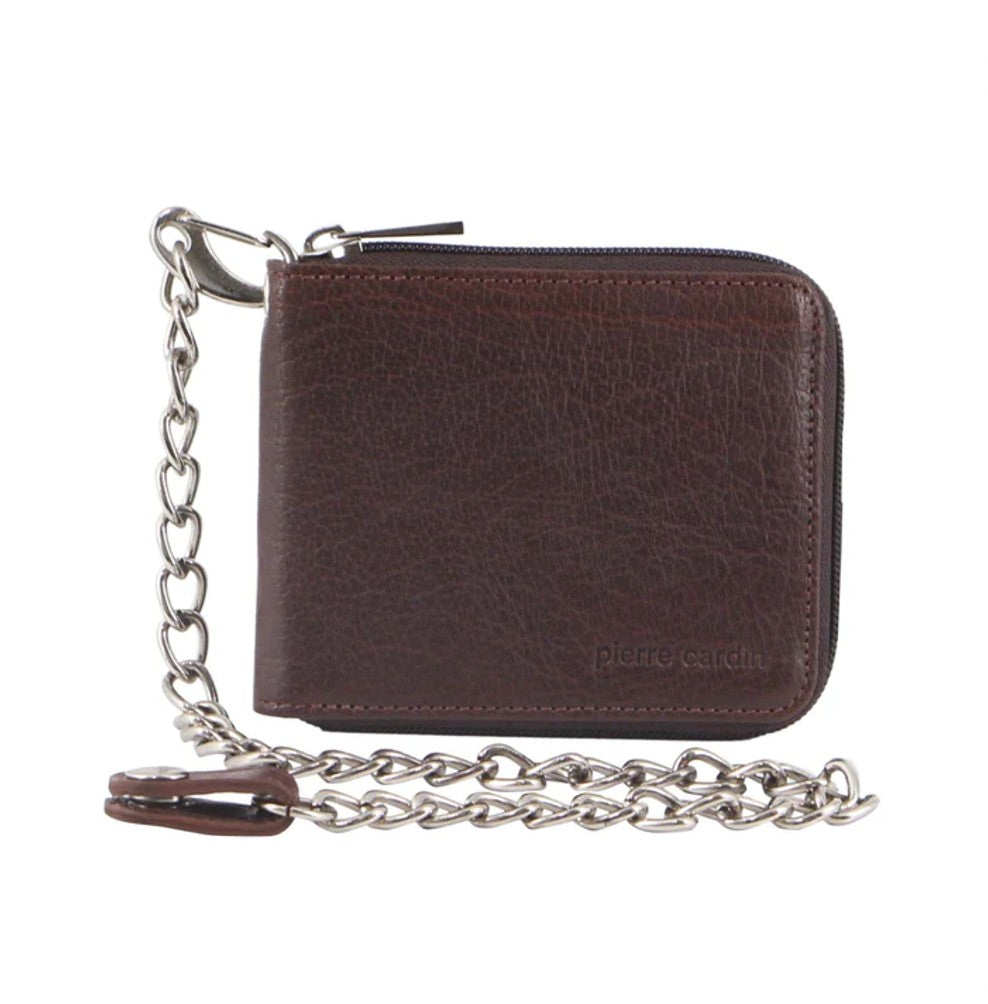 PIERRE CARDIN MENS ZIP-AROUND LEATHER WALLET WITH CHAIN