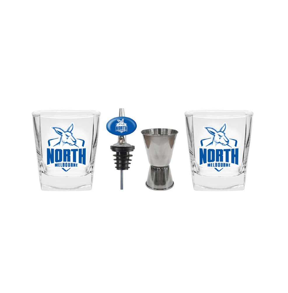 AFL 2x GLASSES, JIGGER & POURER SET NORTH MELBOURNE